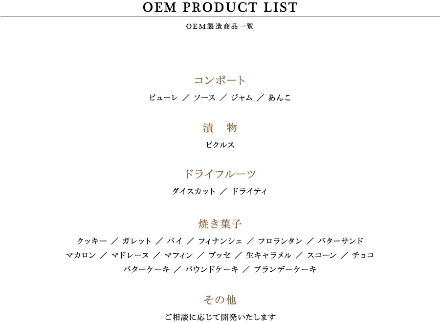 OEM製造商品一覧--コンポート/漬物/ドライフルーツ/焼き菓子/その他